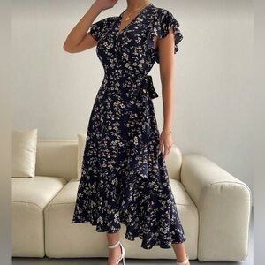 SHEIN Navy Blue Floral Tie-Waist Midi Dress - Size S spring summer vibes